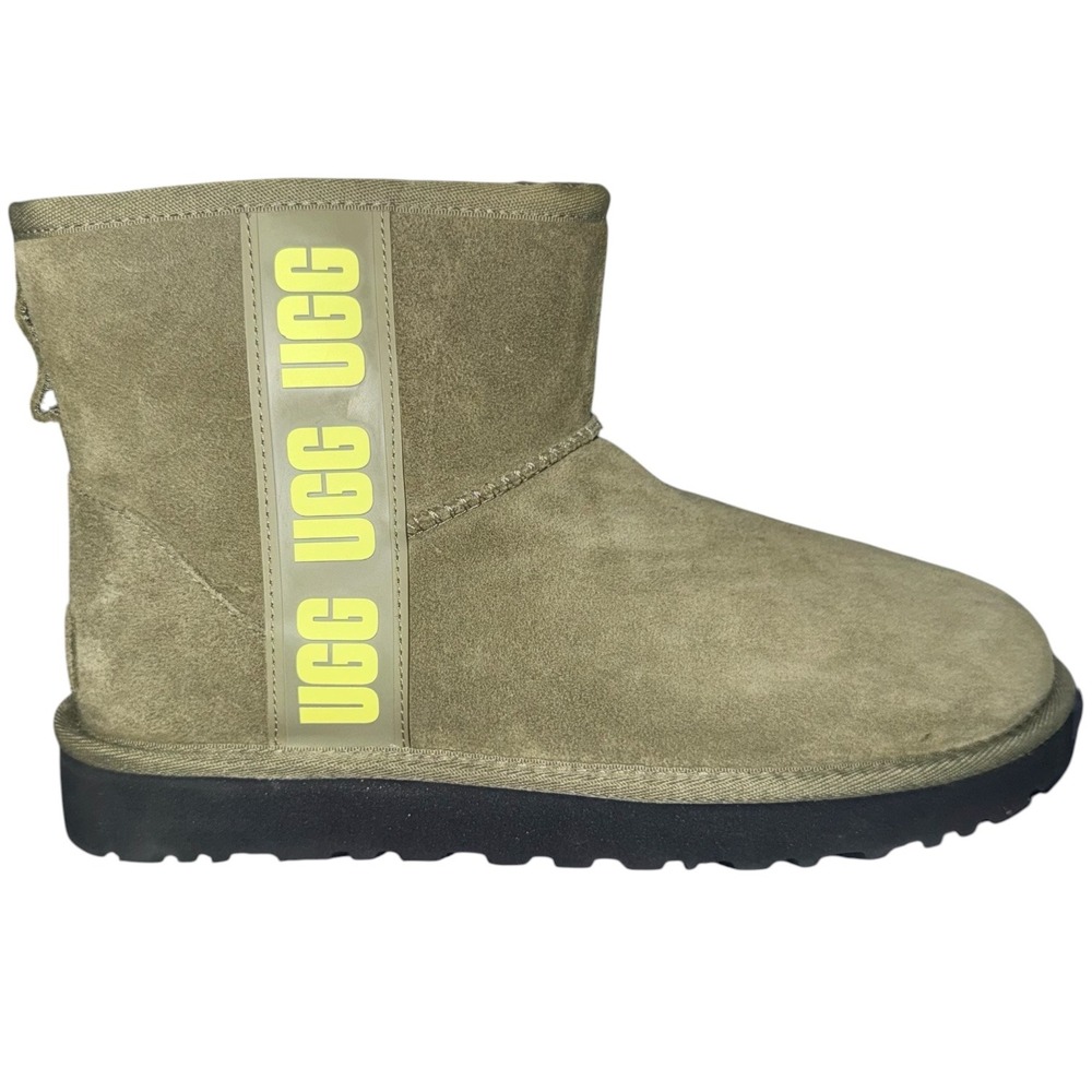 UGG Classic Mini Side Logo Ankle Boots Burnt Olive Shearling Lined Womens 8